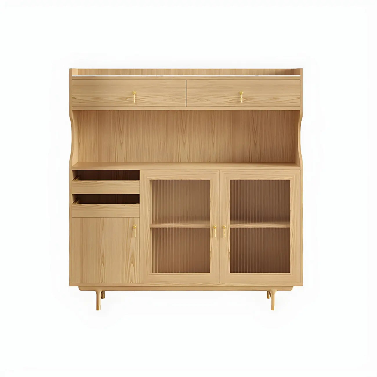 vaisselier de cuisine en bois brun avec porte vitrée et rangements