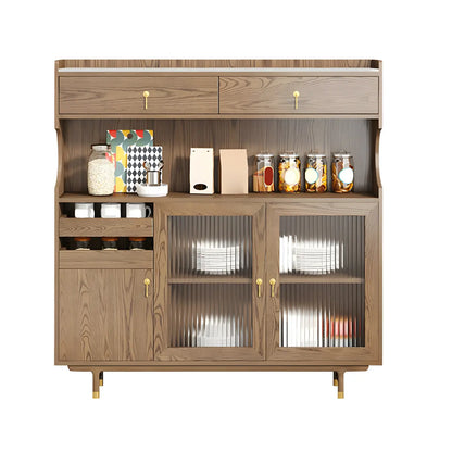 vaisselier de cuisine en bois brun avec porte vitrée et rangements