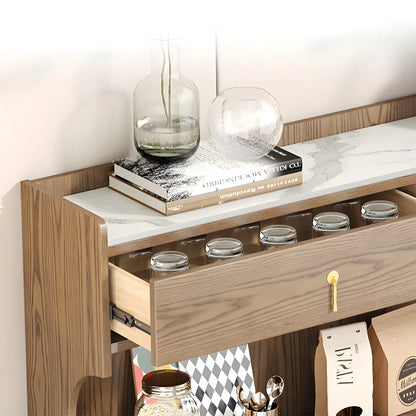 vaisselier de cuisine en bois brun avec porte vitrée et rangements