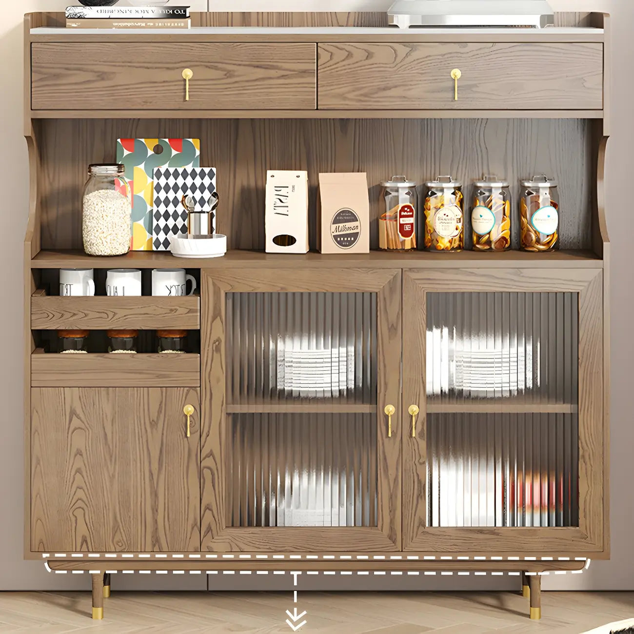 vaisselier de cuisine en bois brun avec porte vitrée et rangements