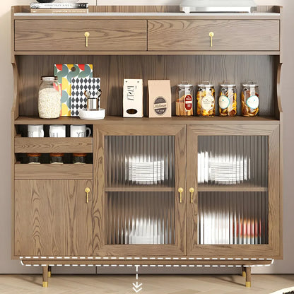 vaisselier de cuisine en bois brun avec porte vitrée et rangements