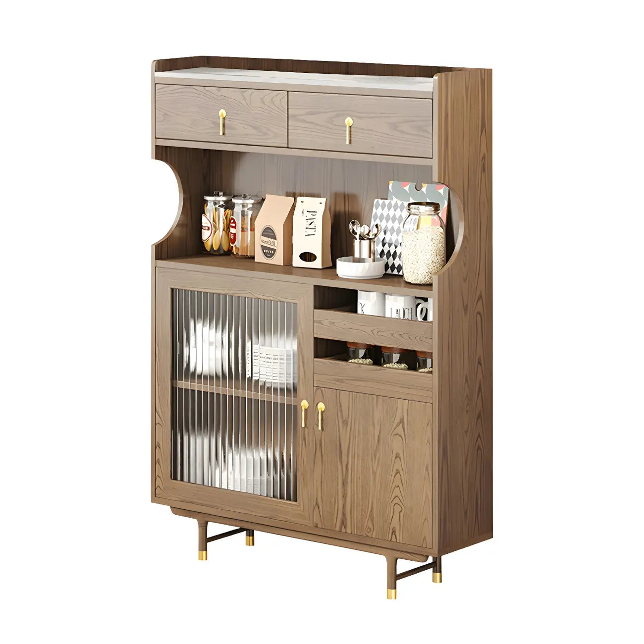 vaisselier de cuisine en bois brun avec porte vitrée et rangements