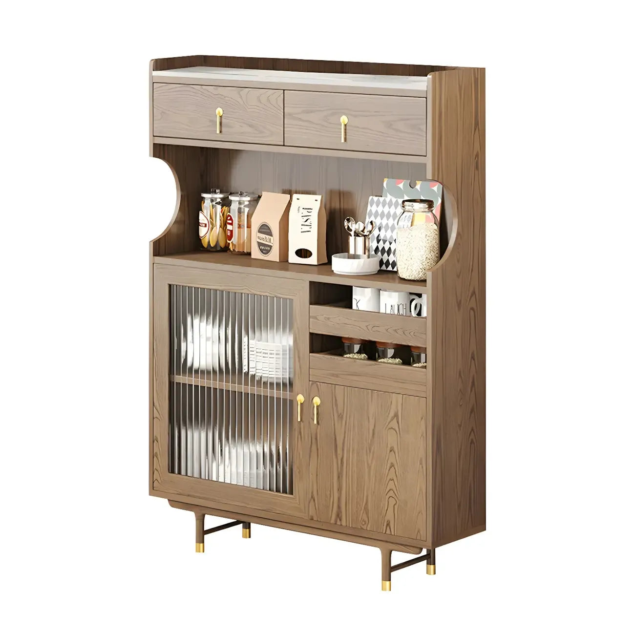 vaisselier de cuisine en bois brun avec porte vitrée et rangements