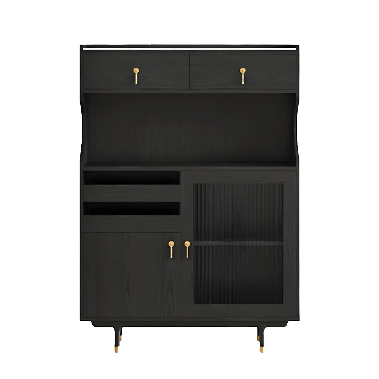 vaisselier de cuisine en bois brun avec porte vitrée et rangements