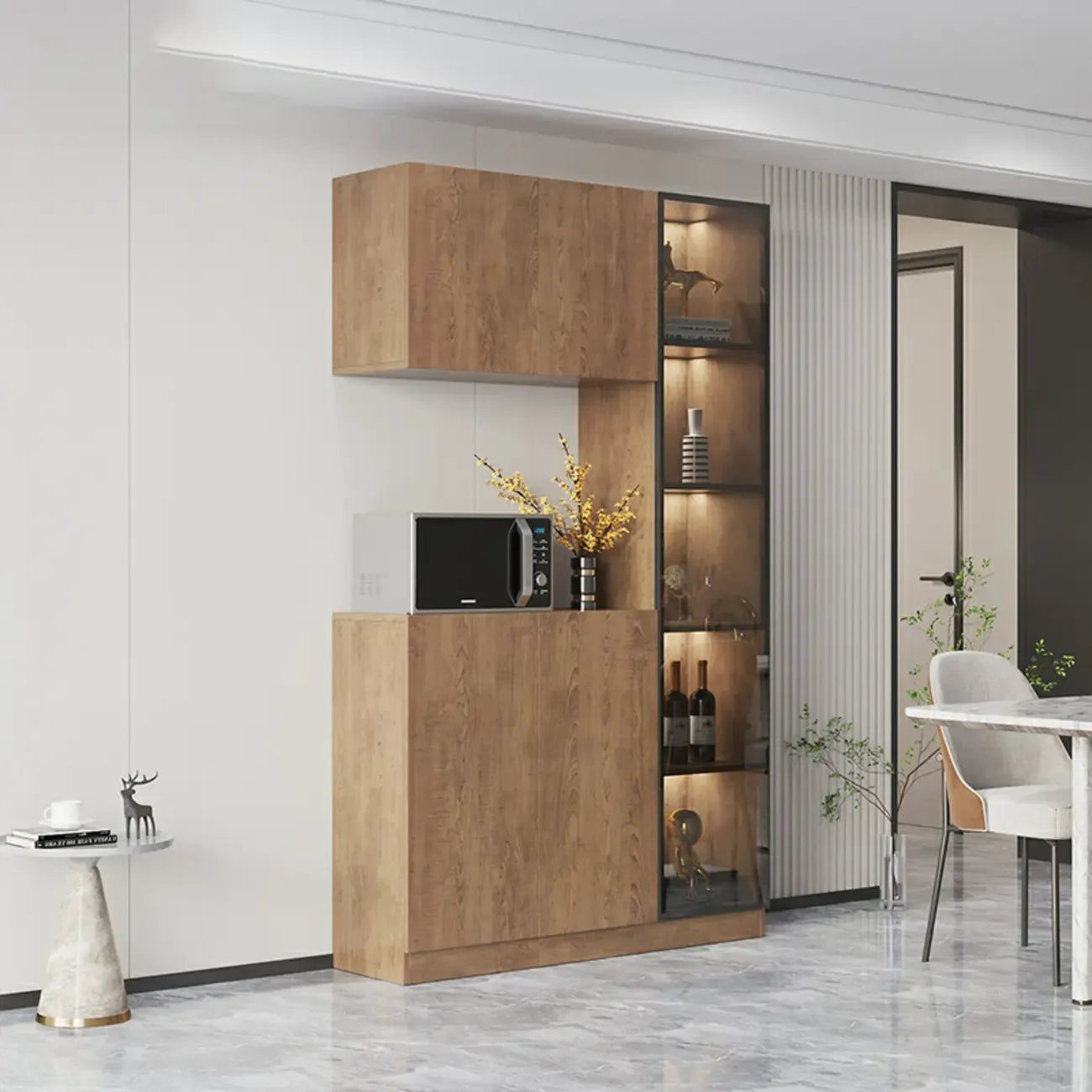 Buffet moderne en bois avec tiroirs, étagères et placards
