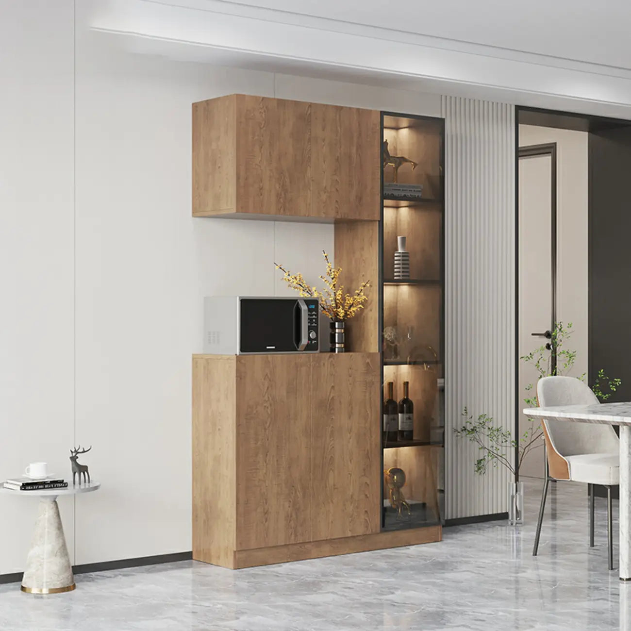 Buffet moderne en bois avec tiroirs, étagères et placards