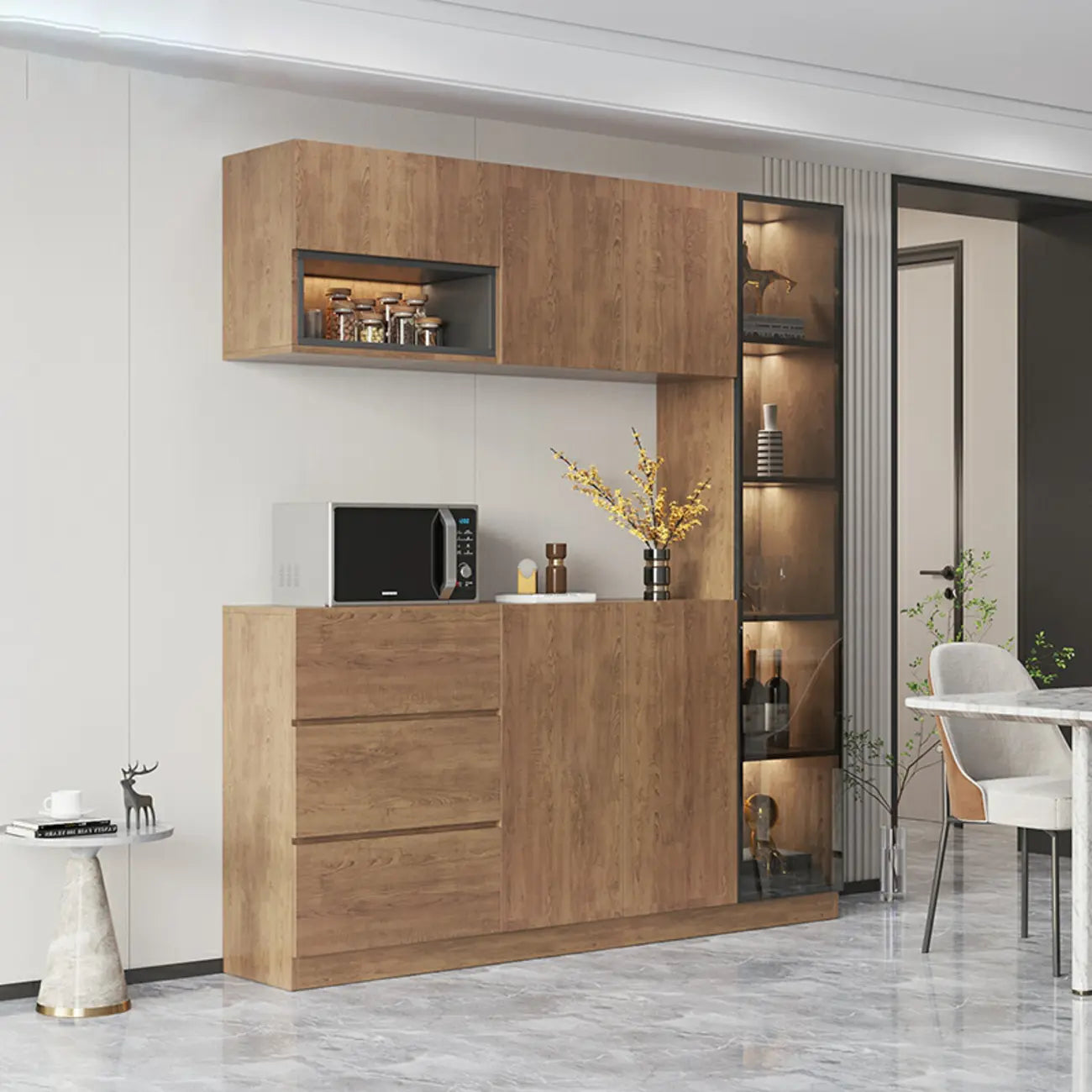 Buffet moderne en bois avec tiroirs, étagères et placards