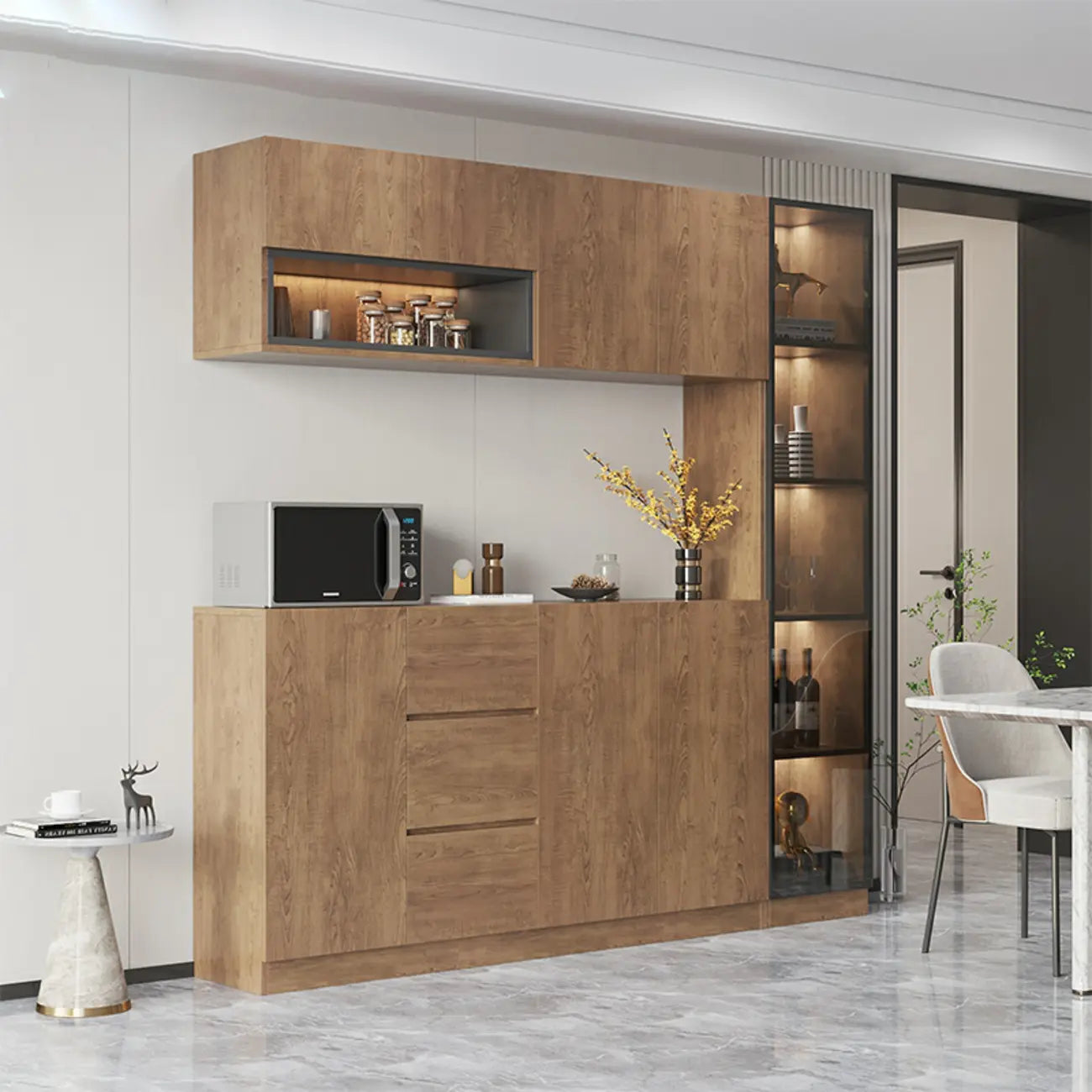 Buffet moderne en bois avec tiroirs, étagères et placards