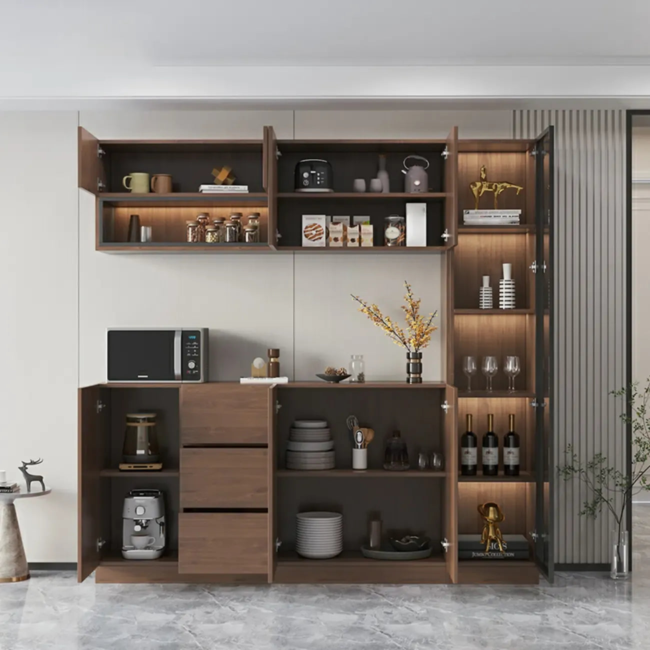 Buffet moderne en bois avec tiroirs, étagères et placards