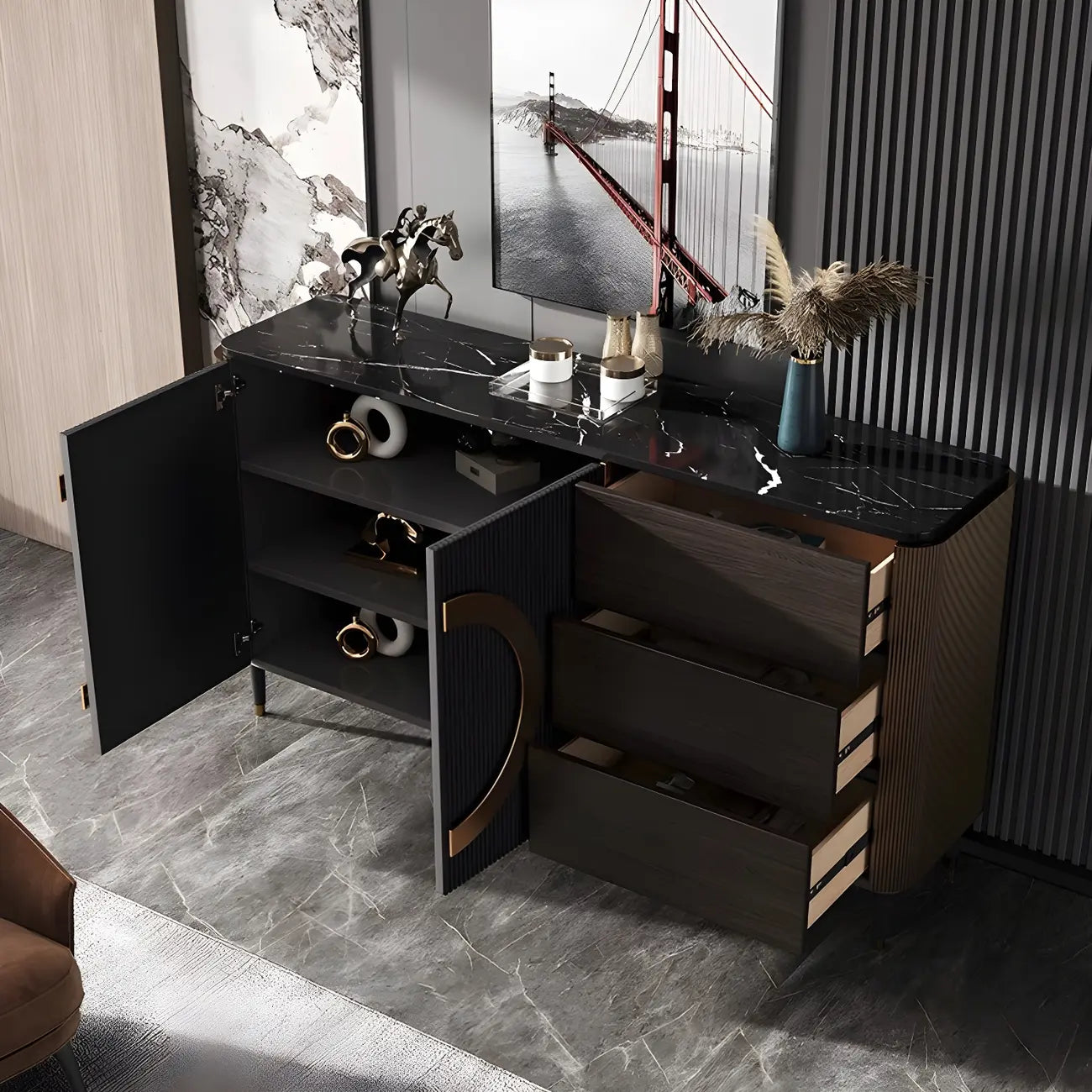 Buffet glamour en bois couleur expresso avec tiroirs et placards