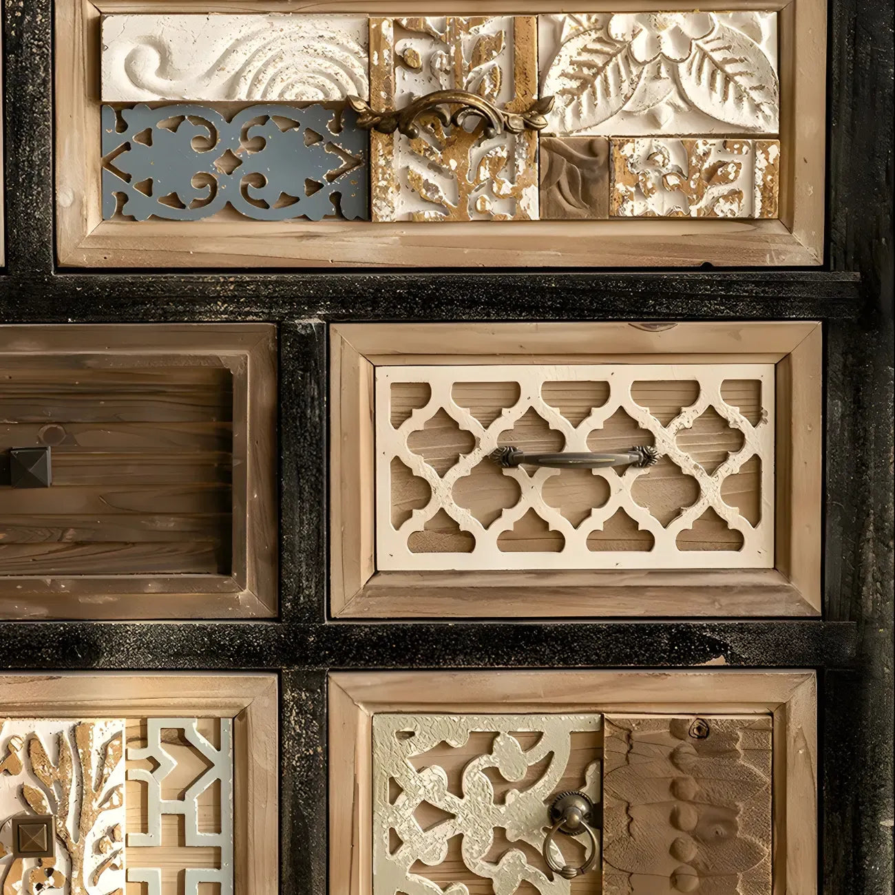 Buffet rustique en bois avec tiroirs décoratifs