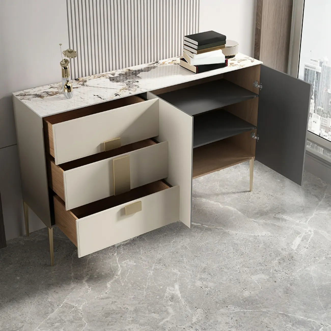 Buffet gris moderne avec tiroirs pour salon