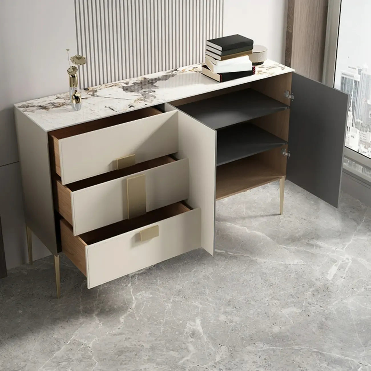 Buffet gris moderne avec tiroirs pour salon