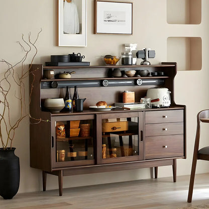 Buffet en bois avec portes coulissantes en verre, tiroirs et placards