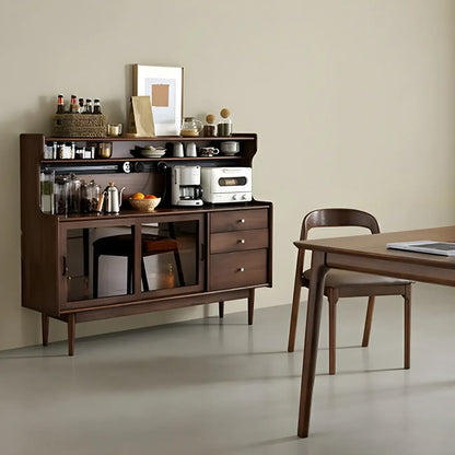Buffet en bois avec portes coulissantes en verre, tiroirs et placards
