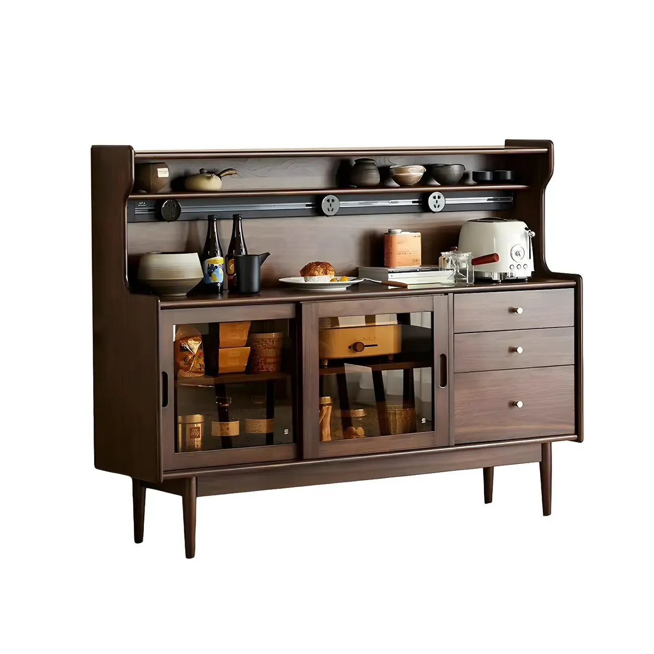 Buffet en bois avec portes coulissantes en verre, tiroirs et placards