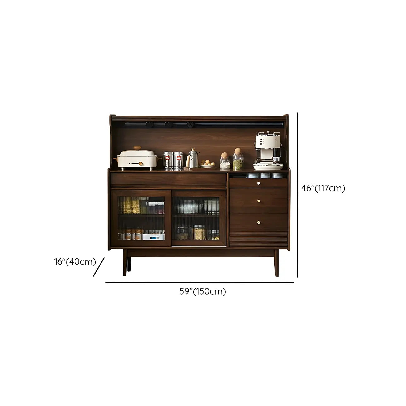 Buffet en bois avec portes coulissantes en verre, tiroirs et placards