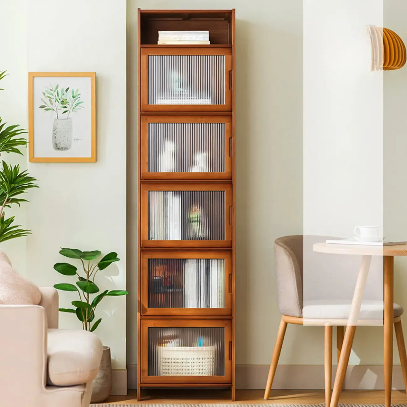 Armoires de rangement rectangulaires en bois massif marron avec portes transparentes