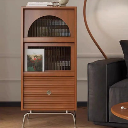 Armoire de rangement moderne en pin avec porte vitrée et base en métal