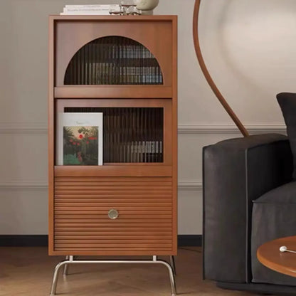 Armoire de rangement moderne en pin avec porte vitrée et base en métal