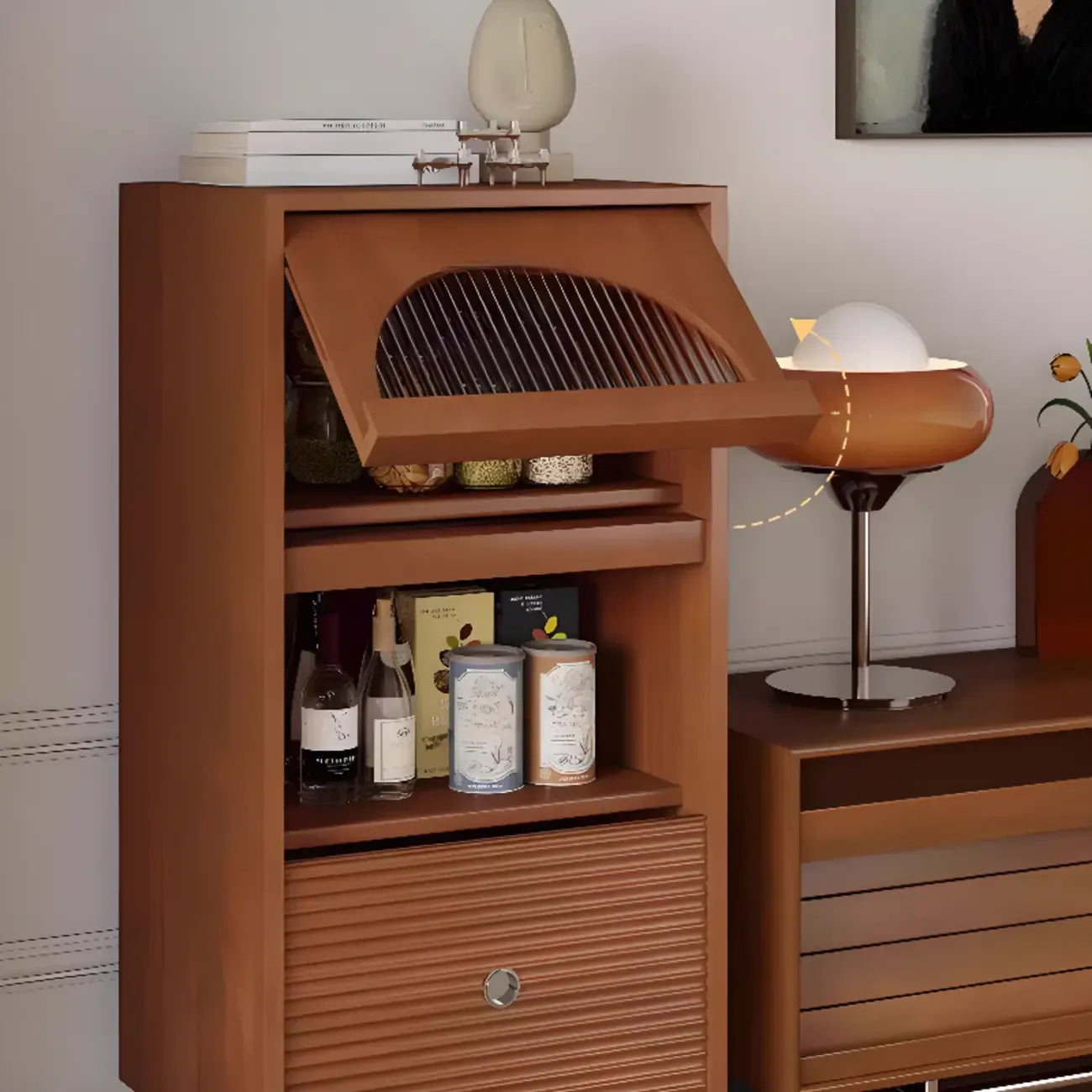 Armoire de rangement moderne en pin avec porte vitrée et base en métal