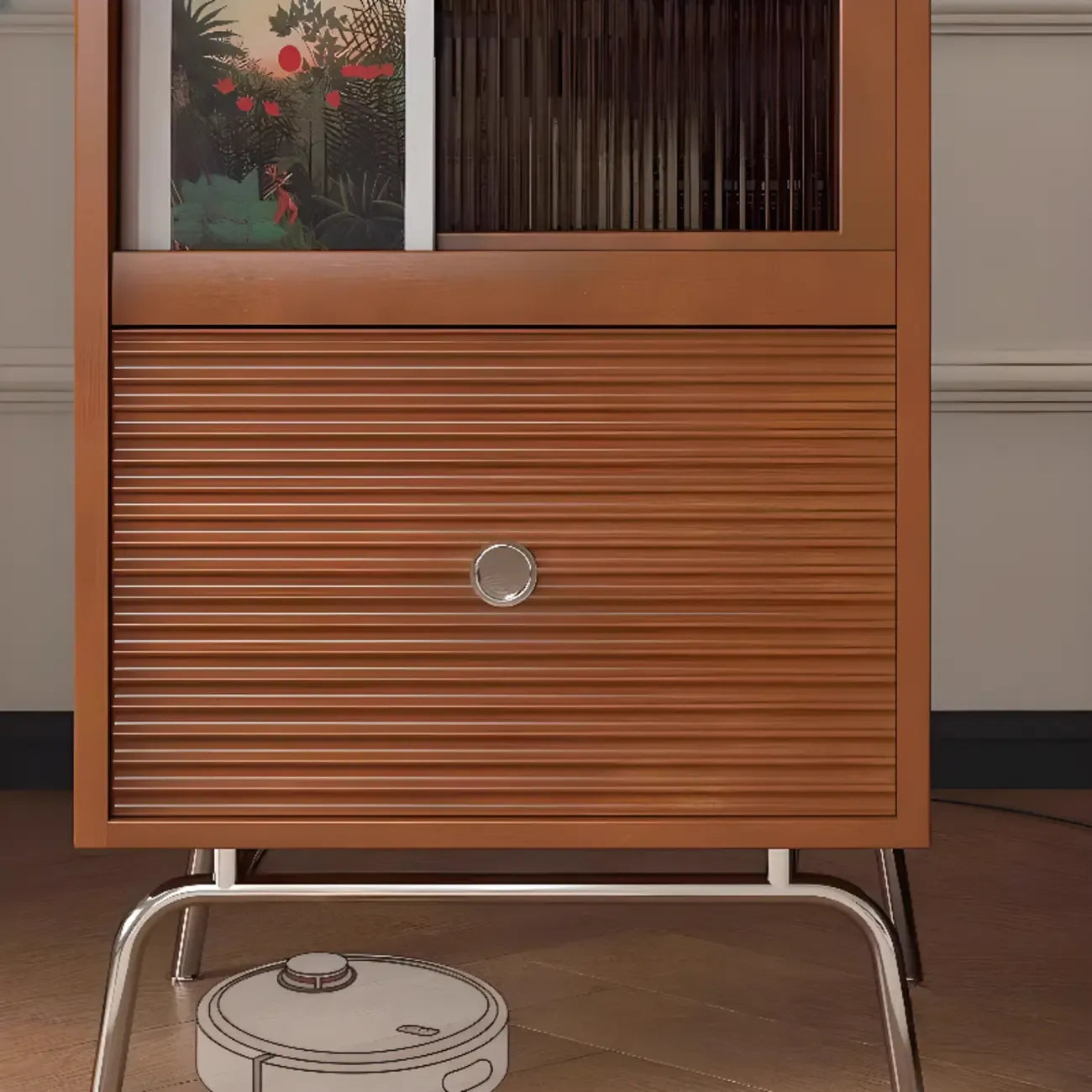 Armoire de rangement moderne en pin avec porte vitrée et base en métal