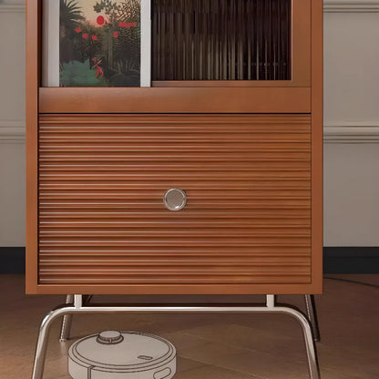 Armoire de rangement moderne en pin avec porte vitrée et base en métal