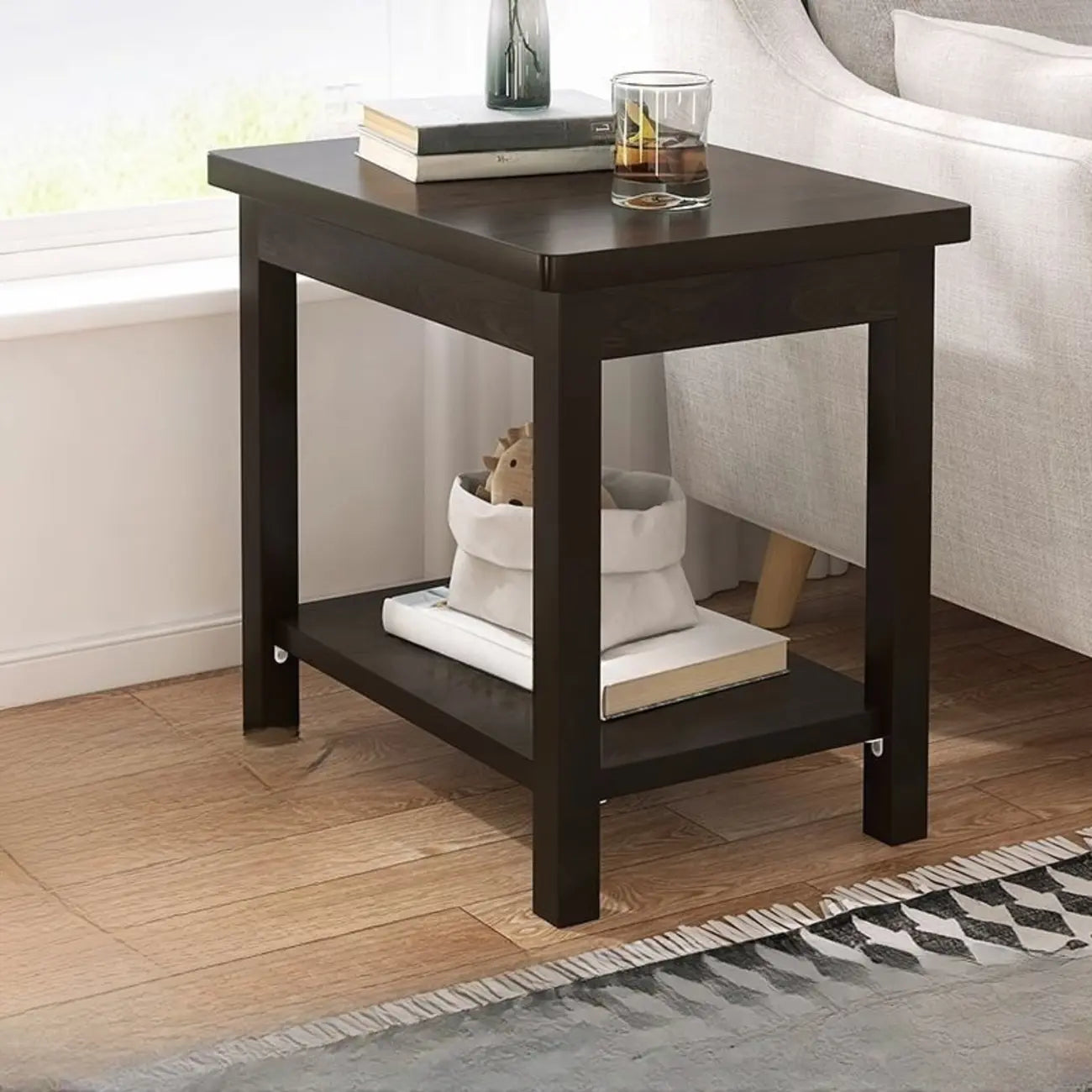 Table d'appoint minimaliste en bois noir avec rangement pour salon