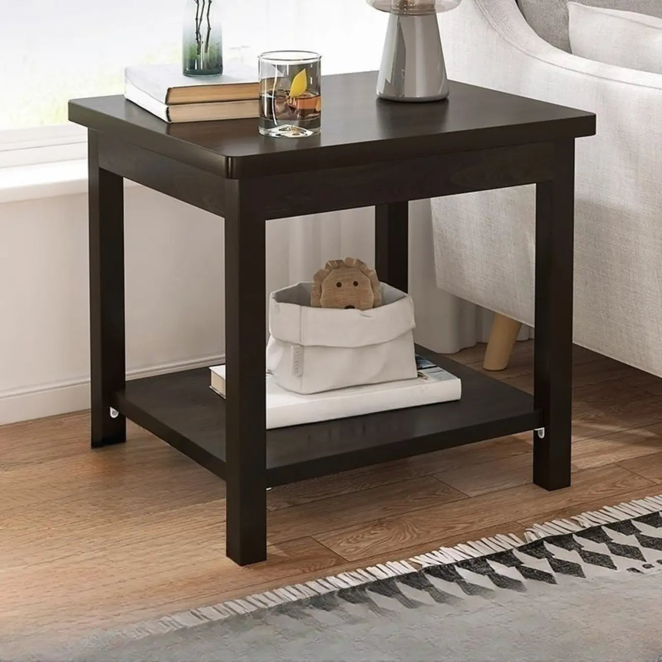 Table d'appoint minimaliste en bois noir avec rangement pour salon