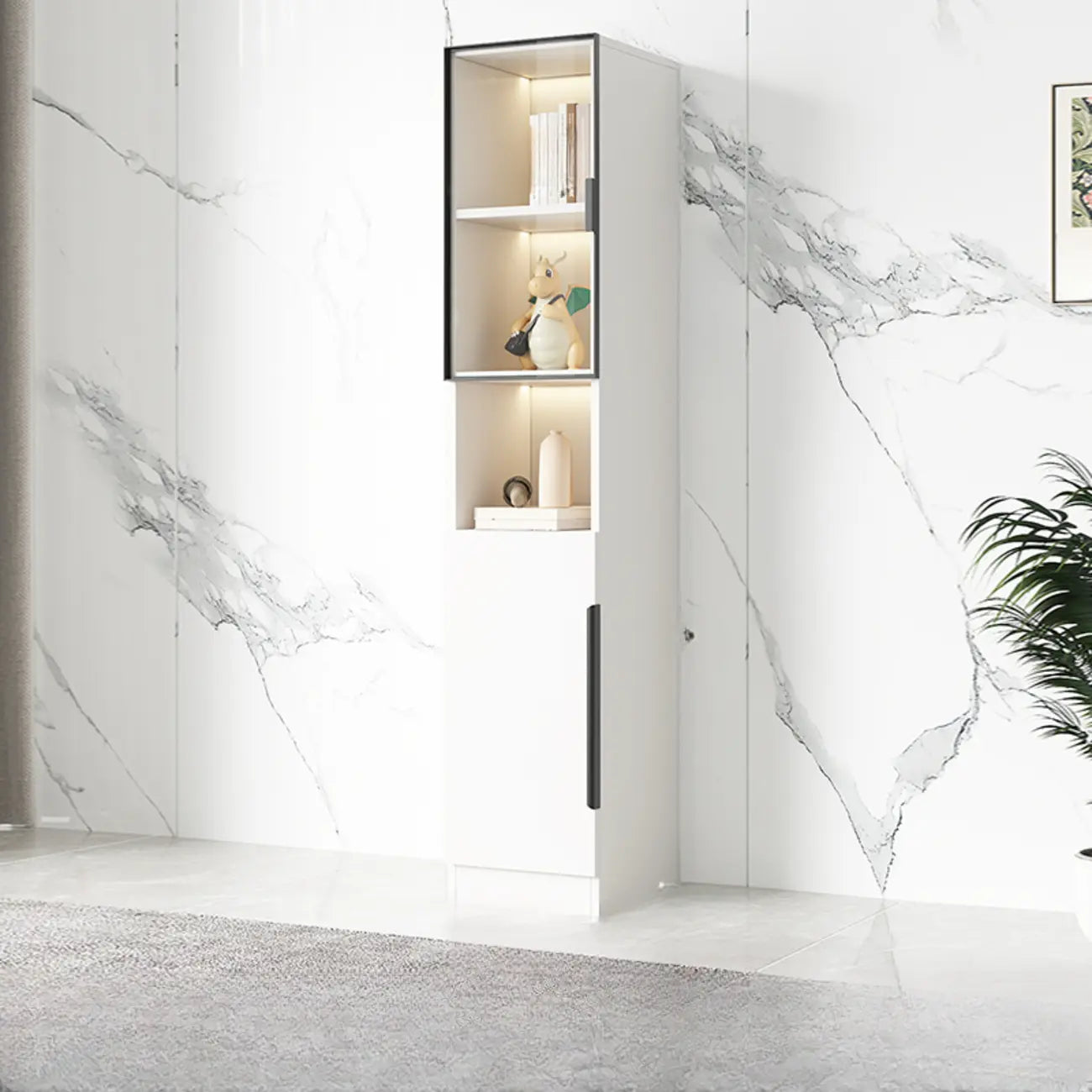 Vitrine nordique en bois blanc avec étagères ouvertes