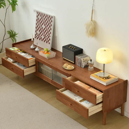 Meuble TV rectangulaire en bois de cerisier de 71 pouces avec armoire et tiroirs