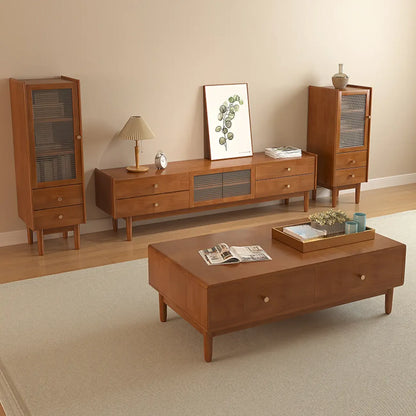 Meuble TV rectangulaire en bois de cerisier de 71 pouces avec armoire et tiroirs