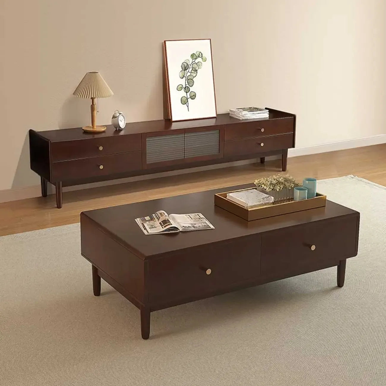 Meuble TV rectangulaire en bois de cerisier de 71 pouces avec armoire et tiroirs