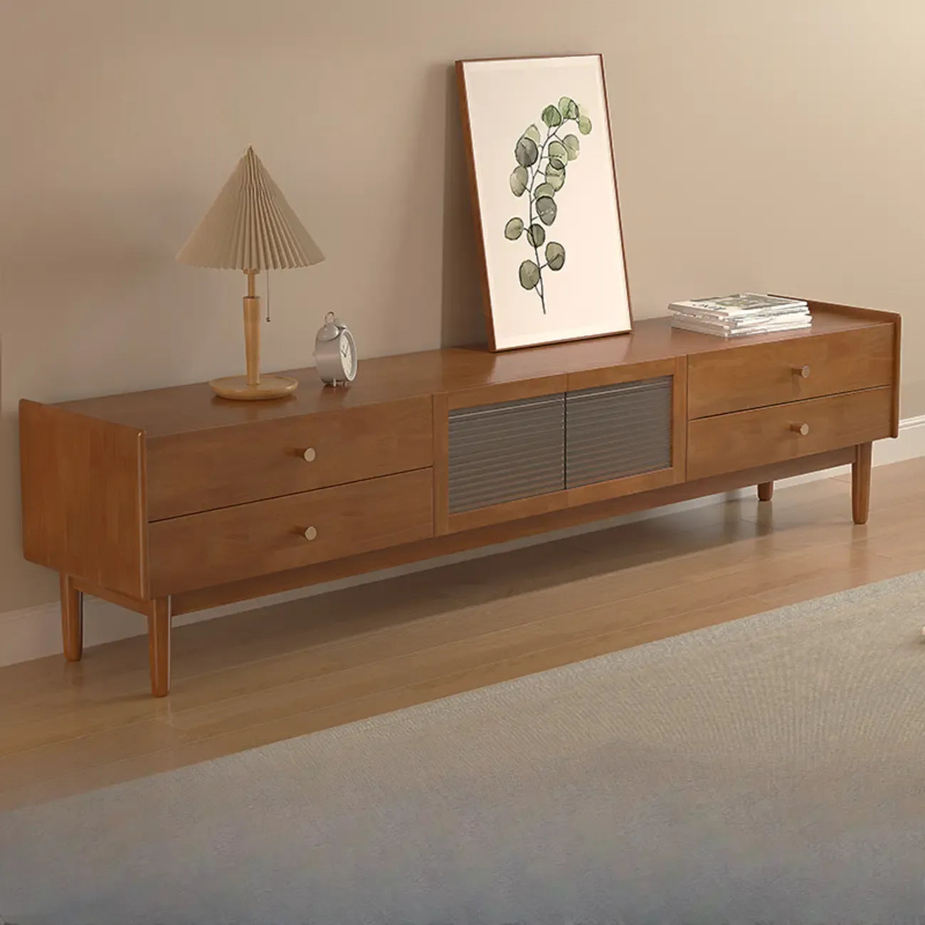 Meuble TV rectangulaire en bois de cerisier de 71 pouces avec armoire et tiroirs