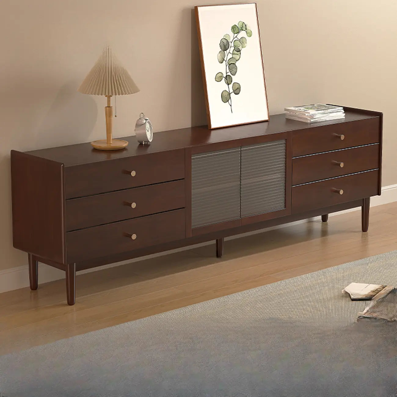 Meuble TV rectangulaire en bois de cerisier de 71 pouces avec armoire et tiroirs