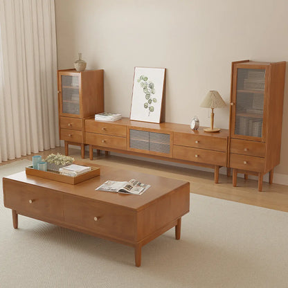 Meuble TV rectangulaire en bois de cerisier de 71 pouces avec armoire et tiroirs