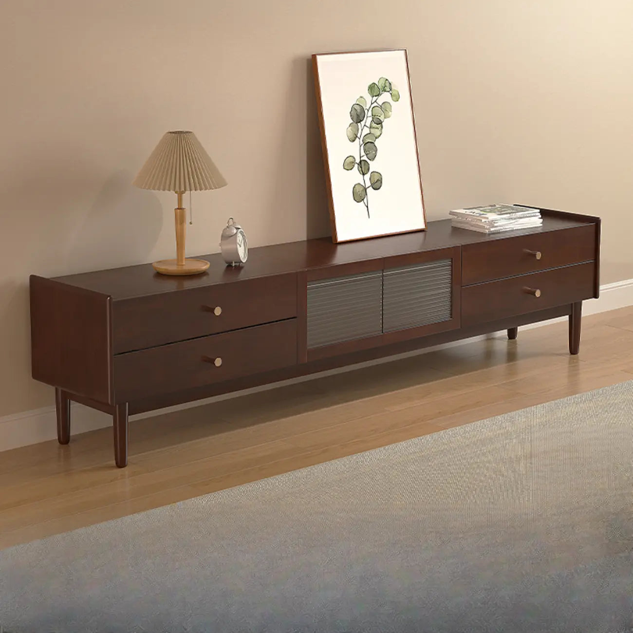 Meuble TV rectangulaire en bois de cerisier de 71 pouces avec armoire et tiroirs