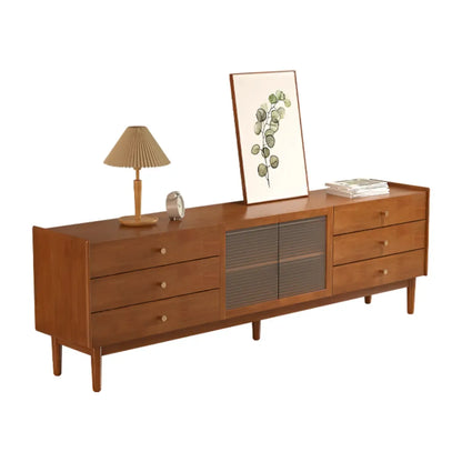 Meuble TV rectangulaire en bois de cerisier de 71 pouces avec armoire et tiroirs