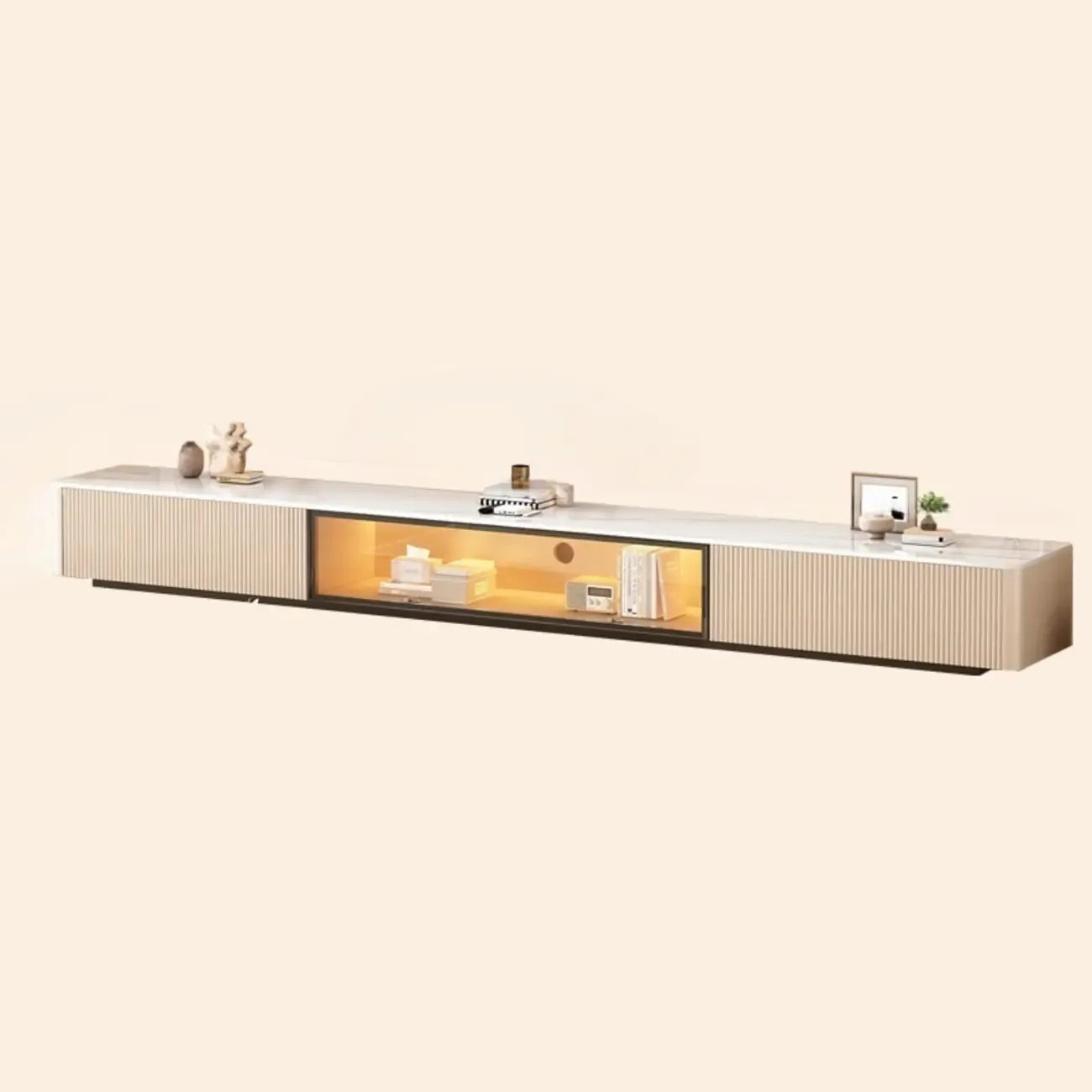 Meuble TV long en pierre couleur champagne 63 avec gestion des câbles