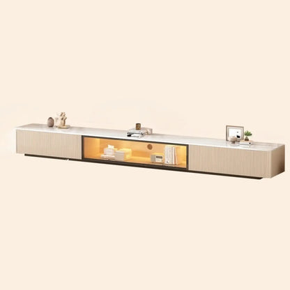 Meuble TV long en pierre couleur champagne 63 avec gestion des câbles