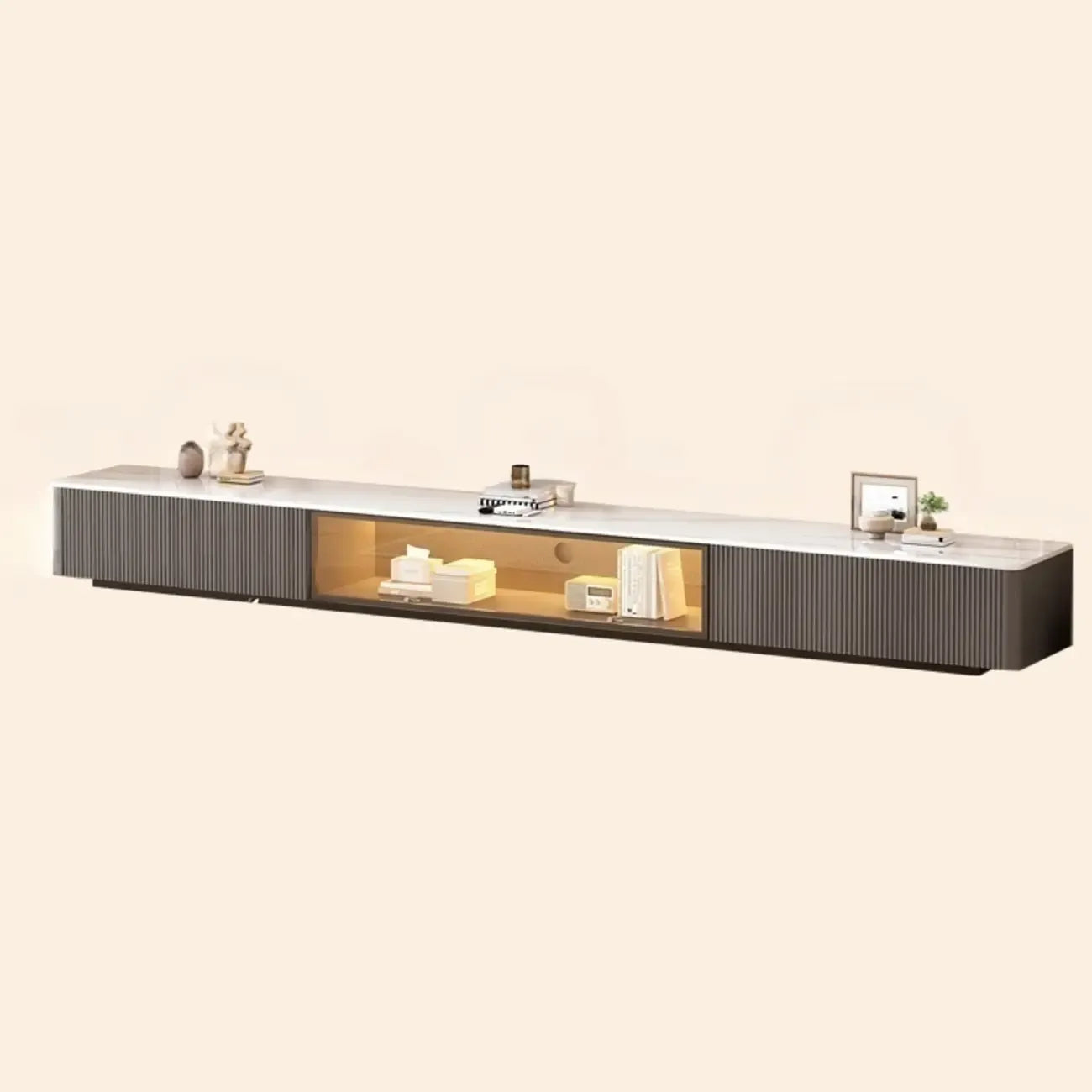 Meuble TV long en pierre couleur champagne 63 avec gestion des câbles