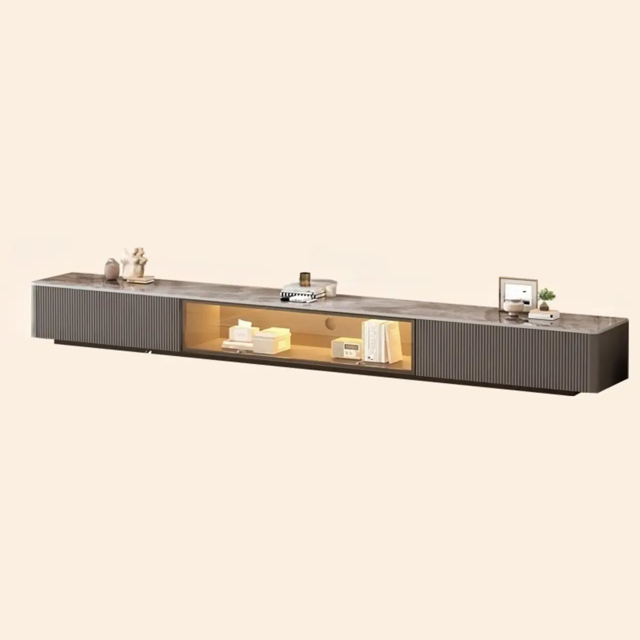 Meuble TV long en pierre couleur champagne 63 avec gestion des câbles