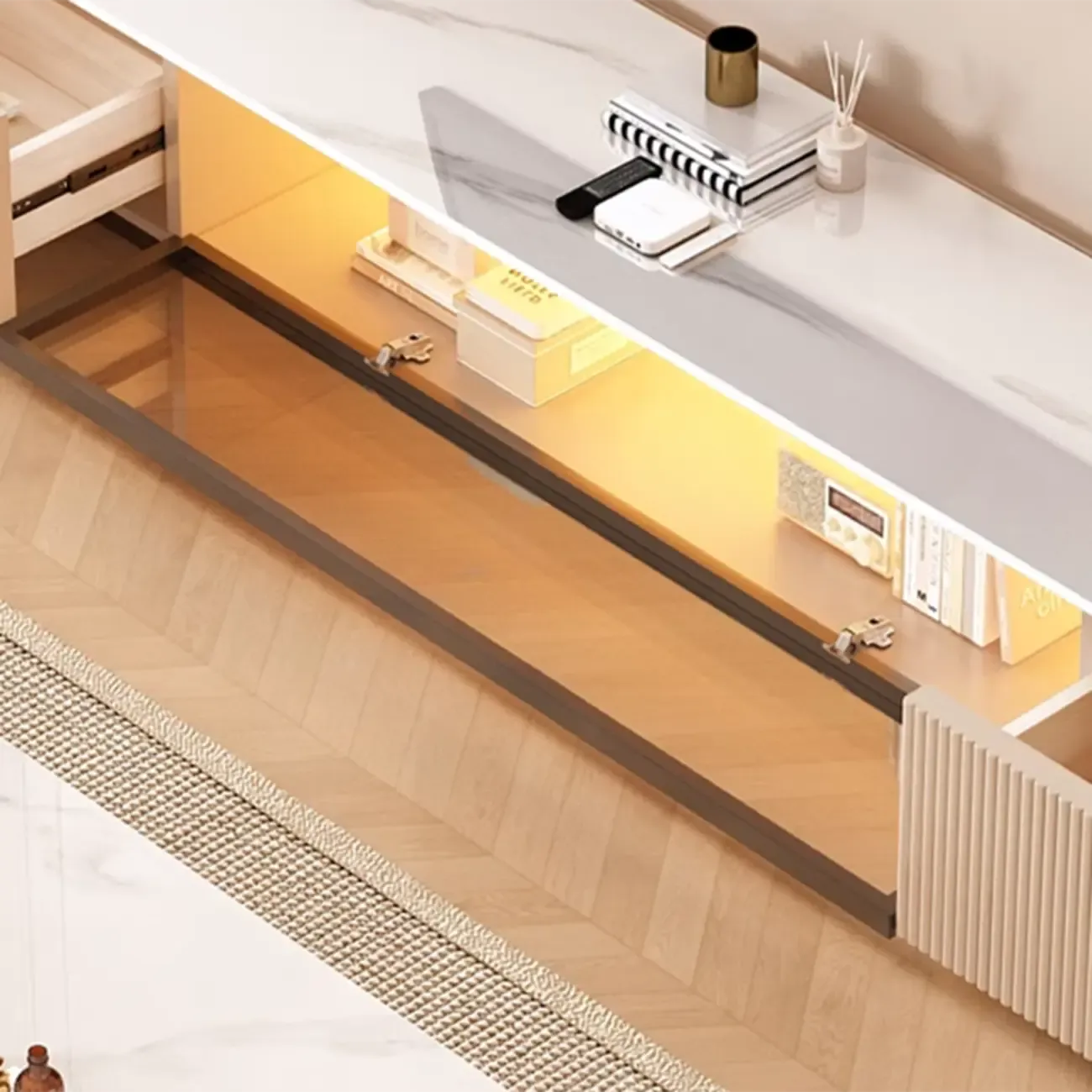 Meuble TV long en pierre couleur champagne 63 avec gestion des câbles