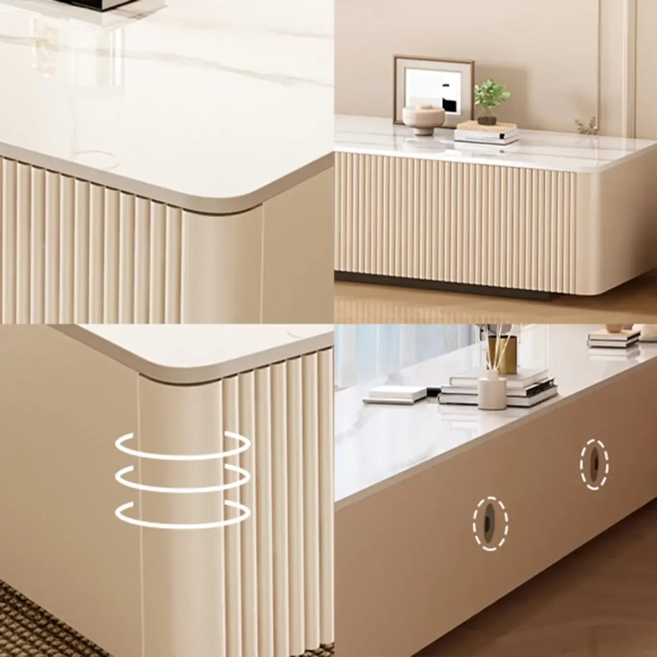 Meuble TV long en pierre couleur champagne 63 avec gestion des câbles