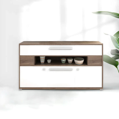 Meuble TV rectangulaire en bois gris avec rangement intégré pour chambre à coucher