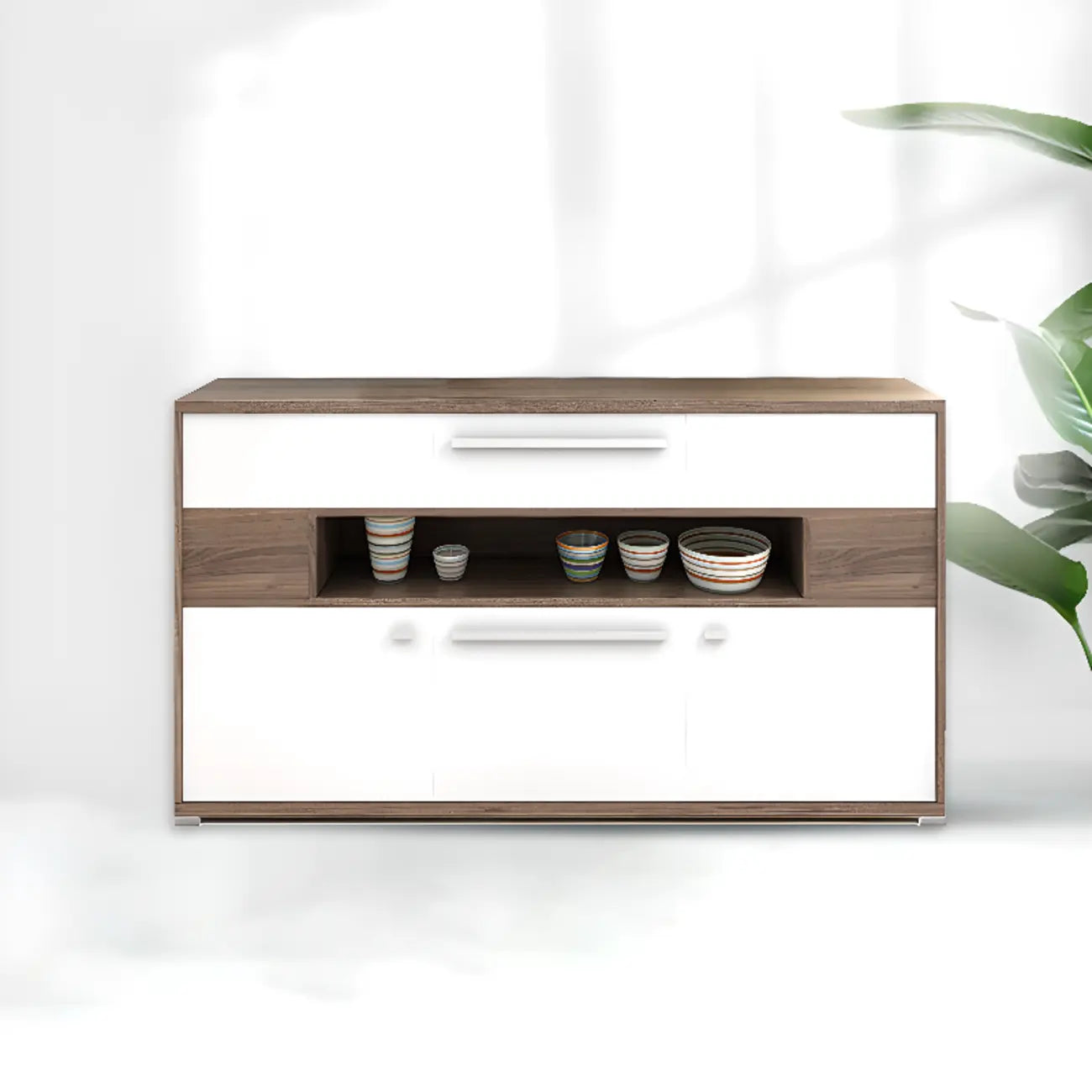 Meuble TV rectangulaire en bois gris avec rangement intégré pour chambre à coucher