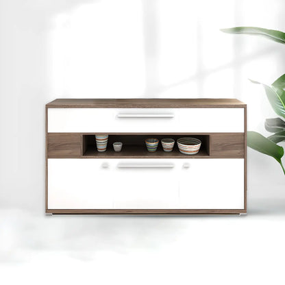 Meuble TV rectangulaire en bois gris avec rangement intégré pour chambre à coucher