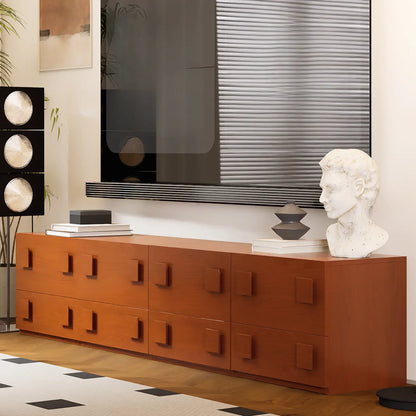 Meuble TV long en pin brun style milieu du siècle avec tiroirs (91)