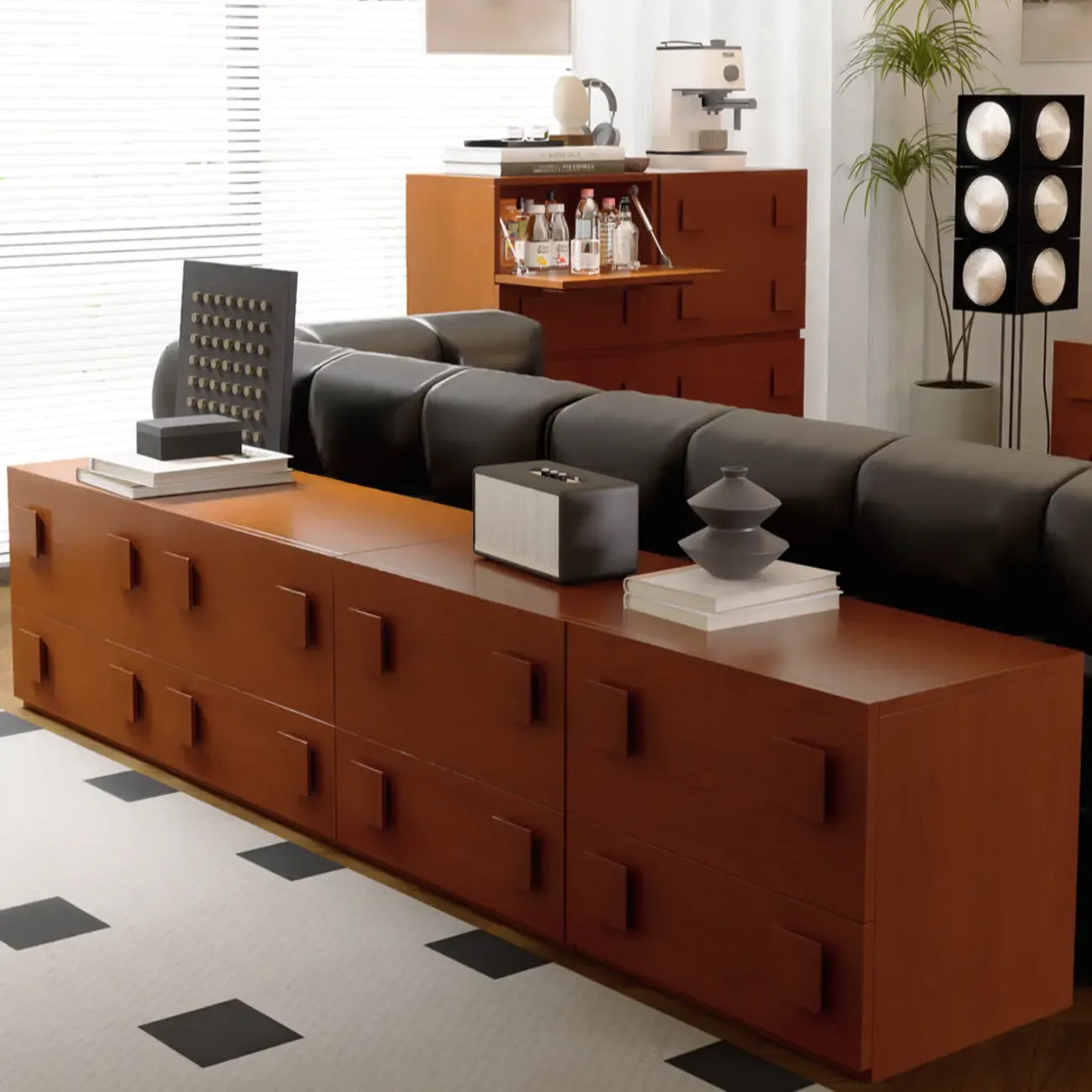 Meuble TV long en pin brun style milieu du siècle avec tiroirs (91)