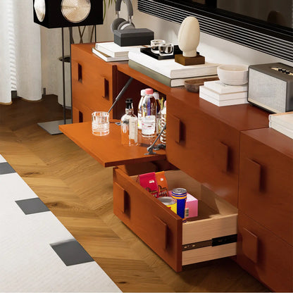 Meuble TV long en pin brun style milieu du siècle avec tiroirs (91)